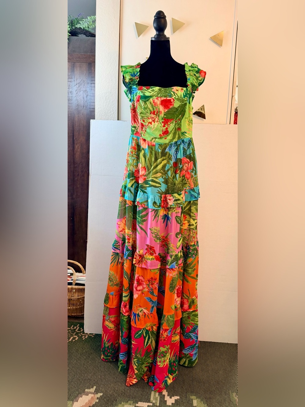 Flying Tomato Tropical Floral Maxi Dress Tiered Ruffle Strappy Sleeve Size L